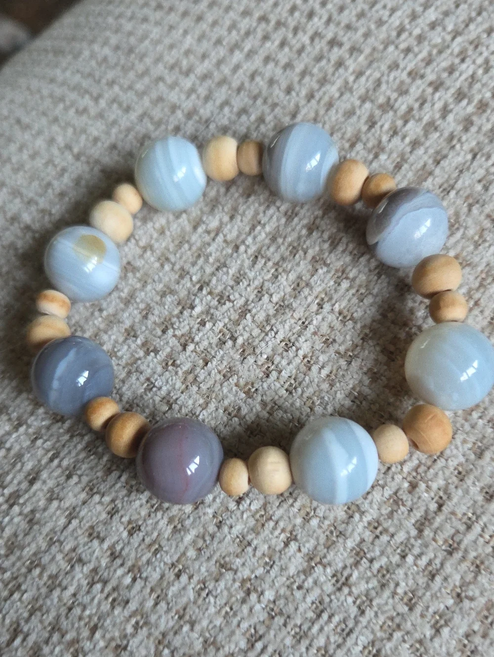 Handmade Blue and Beige Beaded Stretch Bracelet